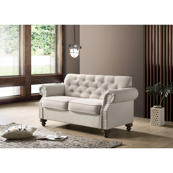 9109-LOVE BEIGE Classic Tufted Rolled Arm Loveseat