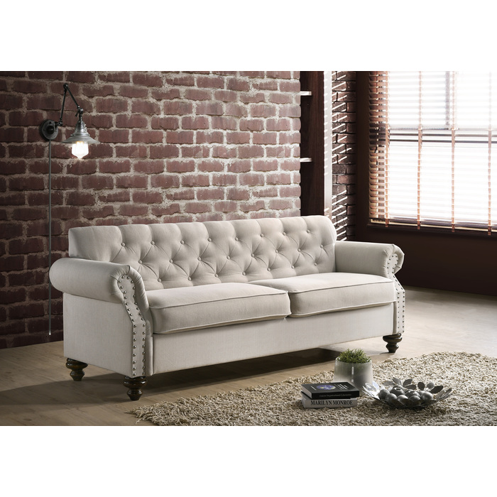 9109-SOFA BEIGE Classic Tufted Rolled Arm Sofa