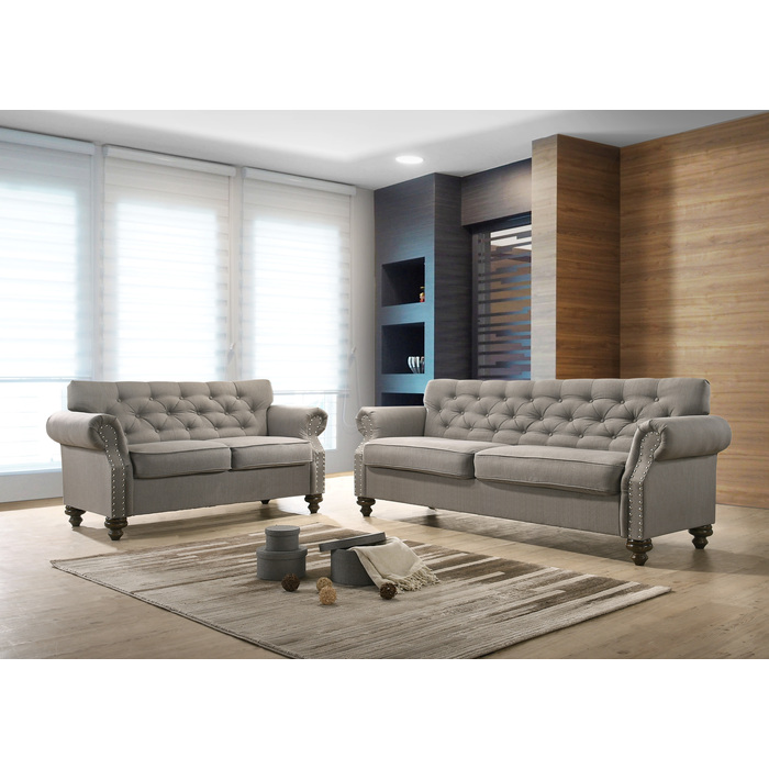 9108-2PC 2PC GRAY Classic Tufted Rolled Arm Sofa Set