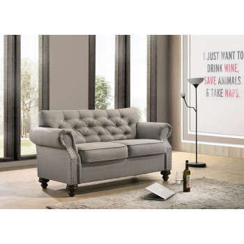 9108-LOVE GRAY Classic Tufted Rolled Arm Loveseat