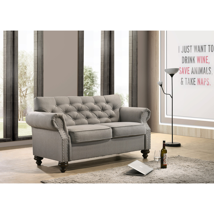 9108-LOVE GRAY Classic Tufted Rolled Arm Loveseat