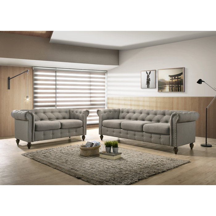 9106-2PC 2PC GRAY Traditional Tufted Back Rolled Arm Sofa Set