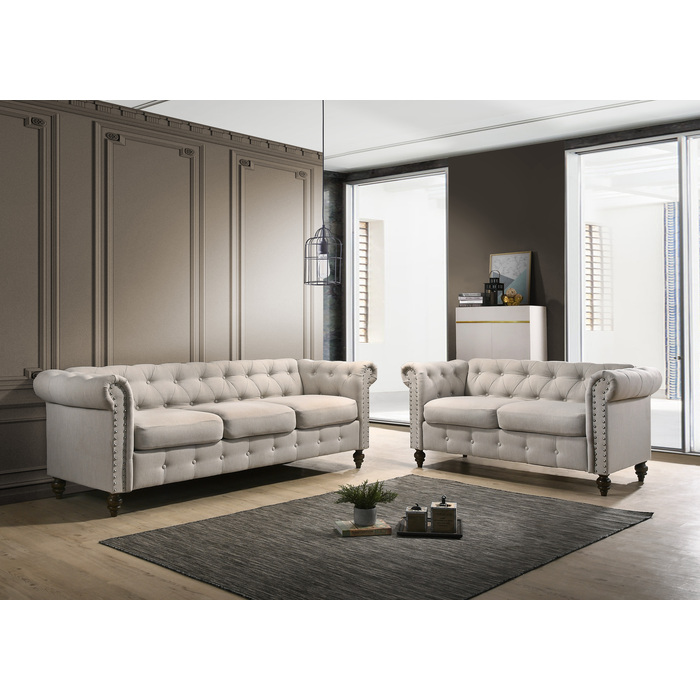 9105-2PC 2PC BEIGE Traditional Tufted Back Rolled Arm Sofa Set