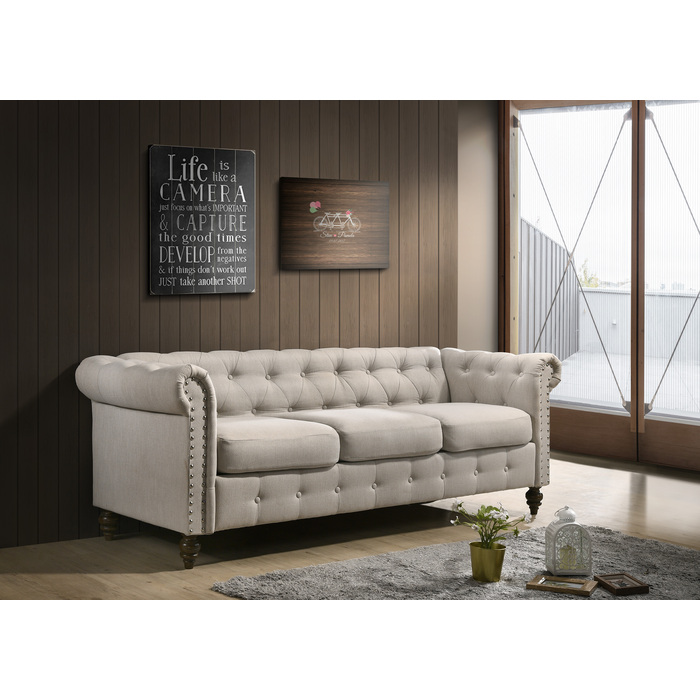 9105-SOFA BEIGE Traditional Tufted Back Rolled Arm Sofa