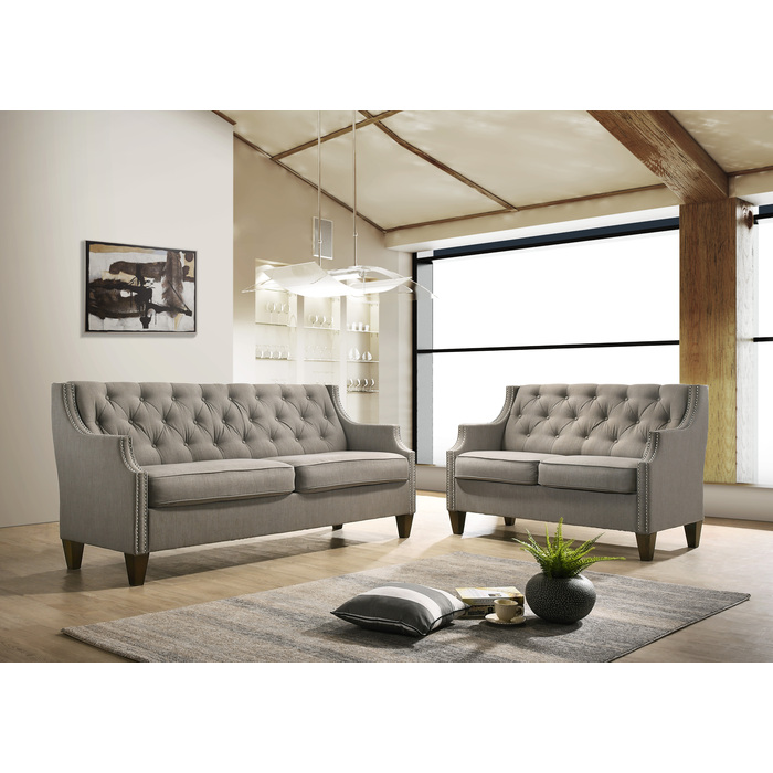 9102-2PC 2PC GRAY Tufted Back Contour Arm Sofa Set
