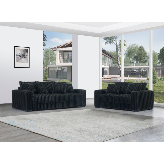 8247-2PC 2PC BLACK Fabric Stationary Sofa Set w/ 6 Pillows