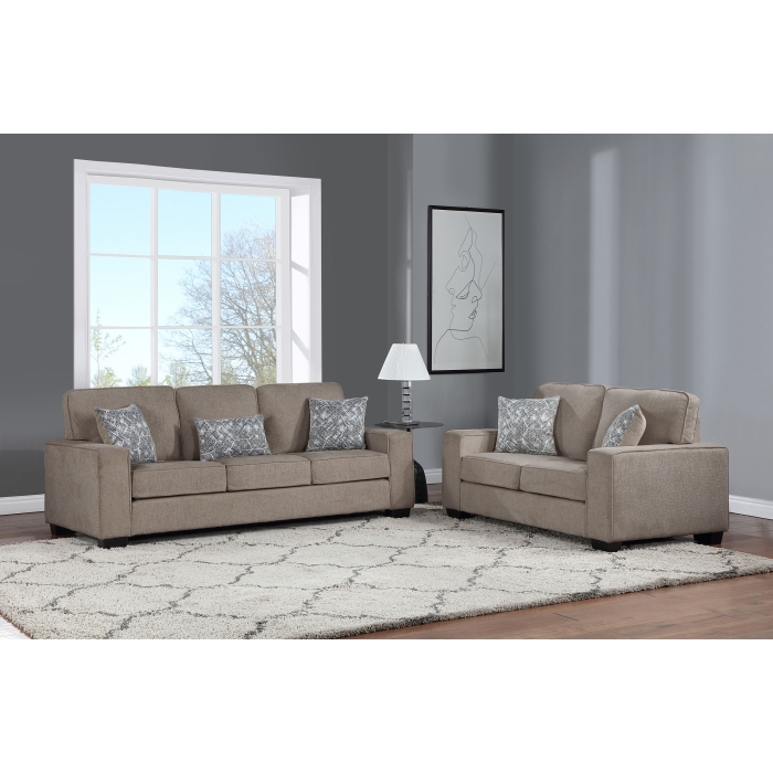 8181-2PC 2PC BROWN Fabric Comfort Cushioned Square Arm Sofa Set