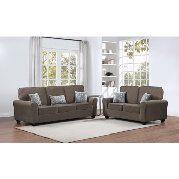 8178-2PC 2PC DARK BROWN Fabric Comfort Cushioned Flared Round Arm Sofa Set