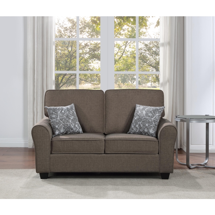 8178-LOVE DARK BROWN Fabric Comfort Cushioned Flared Round Arm Loveseat