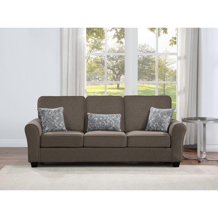 8178-SOFA DARK BROWN Fabric Comfort Cushioned Flared Round Arm Sofa