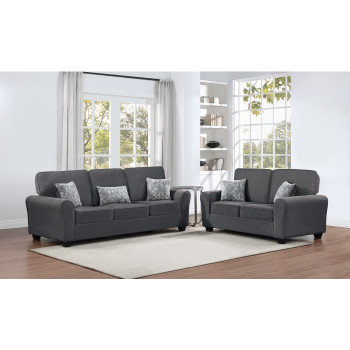 8177-2PC 2PC DARK GRAY Fabric Comfort Cushioned Flared Round Arm Sofa Set