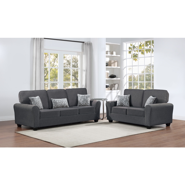 8177-2PC 2PC DARK GRAY Fabric Comfort Cushioned Flared Round Arm Sofa Set