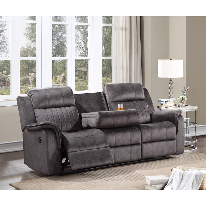 8098-SOFA DARK GRAY Fabric Power Recliners Sofa w/ Drop Down Tray