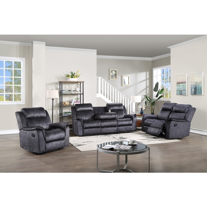 8092-3PC 3PC BLUE GRAY Fabric Manual Recliners Sofa Set w/ Drop Down Tray
