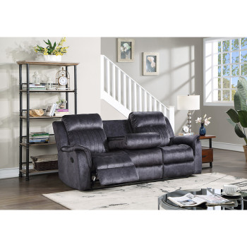 8092-SOFA BLUE GRAY Fabric Manual Recliners Sofa w/ Drop Down Tray