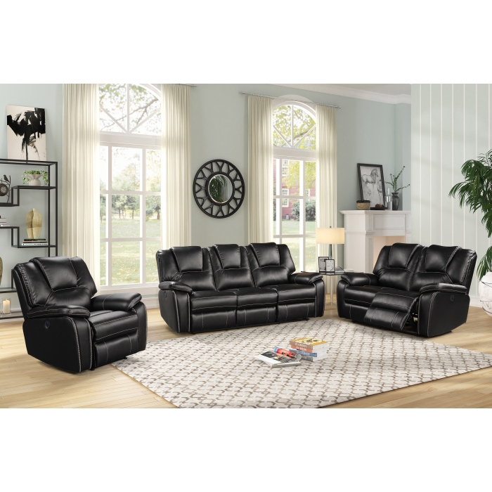 8087-3PC 3PC BLACK Breathable Air Leather Power Recliners Sofa Set w/ USB