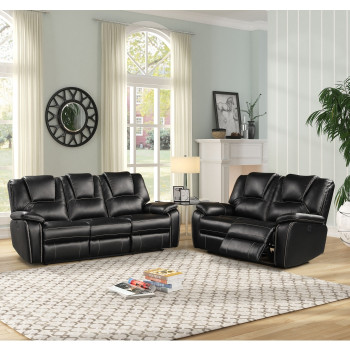 8087-2PC 2PC BLACK Breathable Air Leather Power Recliners Sofa Set w/ USB