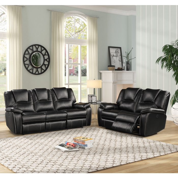 8087-2PC 2PC BLACK Breathable Air Leather Power Recliners Sofa Set w/ USB