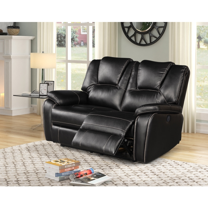 8087-LOVE BLACK Breathable Air Leather Power Recliner Loveseat w/ USB