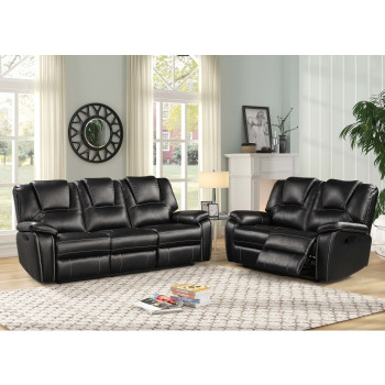 8084-2PC 2PC BLACK Breathable Air Leather Manual Recliners Sofa Set