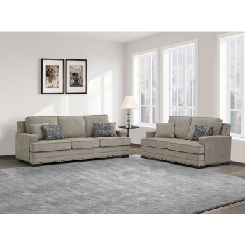 8075-2PC 2PC TAUPE Fabric Stationary Sofa Set w/ 6 Pillows