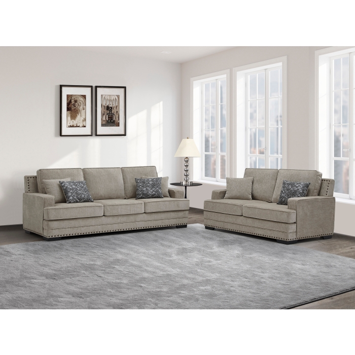 8075-2PC 2PC TAUPE Fabric Stationary Sofa Set w/ 6 Pillows