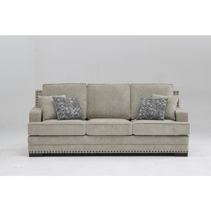 8075-SOFA TAUPE Fabric Stationary Sofa w/ 4 Pillows