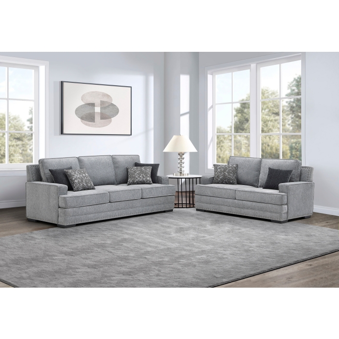 8076-2PC 2PC LIGHT GRAY Fabric Stationary Sofa Set w/ 6 Pillows