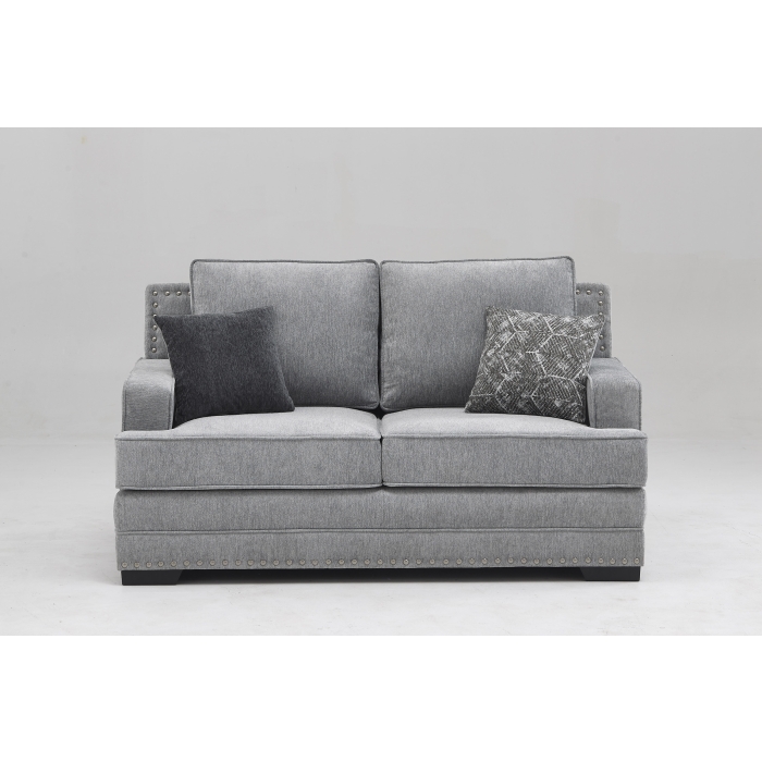 8076-LOVE LIGHT GRAY Fabric Stationary Loveseat w/ 2 Pillows