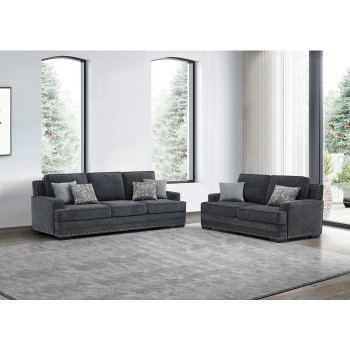 8073-2PC 2PC DARK GRAY Fabric Stationary Sofa Set w/ 6 Pillows