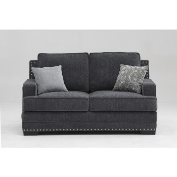 8073-LOVE DARK GRAY Fabric Stationary Loveseat w/ 2 Pillows