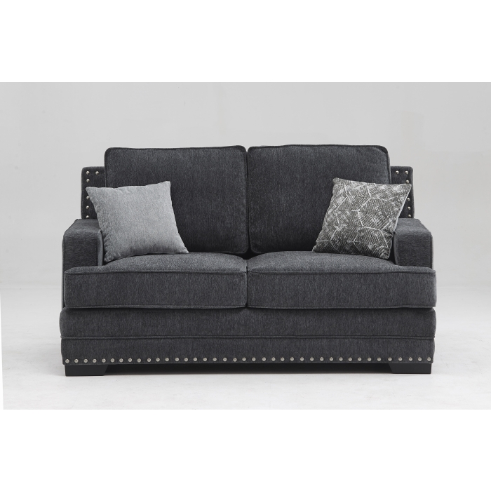 8073-LOVE DARK GRAY Fabric Stationary Loveseat w/ 2 Pillows