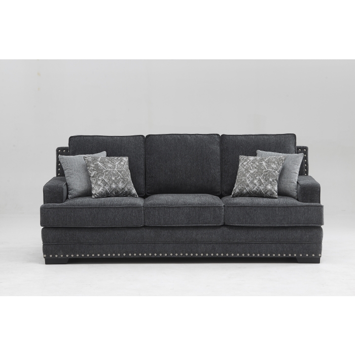 8073-SOFA DARK GRAY Fabric Stationary Sofa w/ 4 Pillows