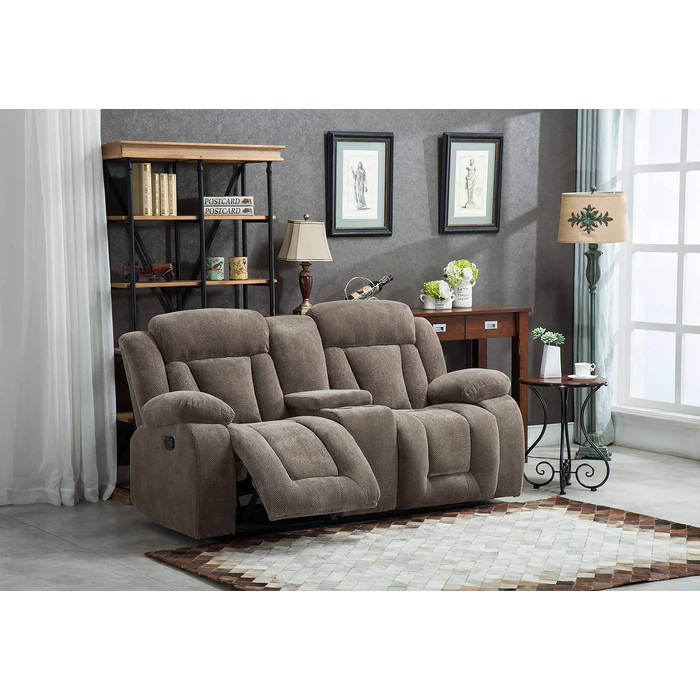 8048-LOVE TAN Fabric Manual Recliners Loveseat w/ Console