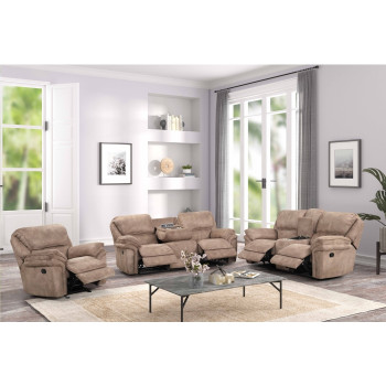 8033-3PC 3PC LIGHT BROWN Fabric Manual Sofa Set w/ USB + Power Outlet