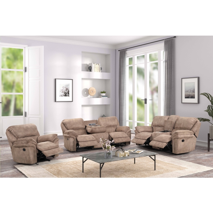 8033-3PC 3PC LIGHT BROWN Fabric Manual Sofa Set w/ USB + Power Outlet