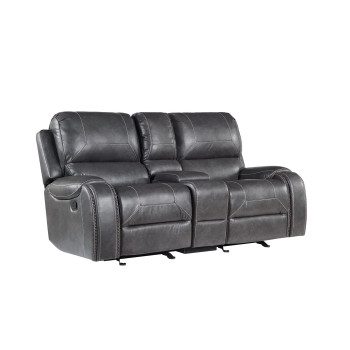 8025-LOVE GRAY Manual Recliner + Rocking Loveseat w/ Console + USB + 1 Outlet