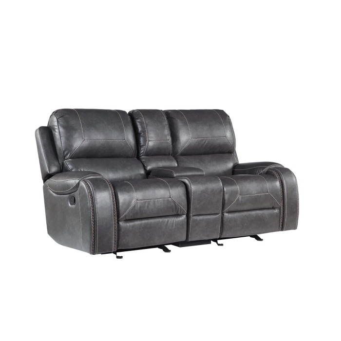 8025-LOVE GRAY Manual Recliner + Rocking Loveseat w/ Console + USB + 1 Outlet