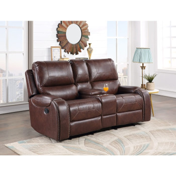 8026-LOVE BROWN Manual Recliner + Rocking Loveseat w/ Console + USB + 1 Outlet
