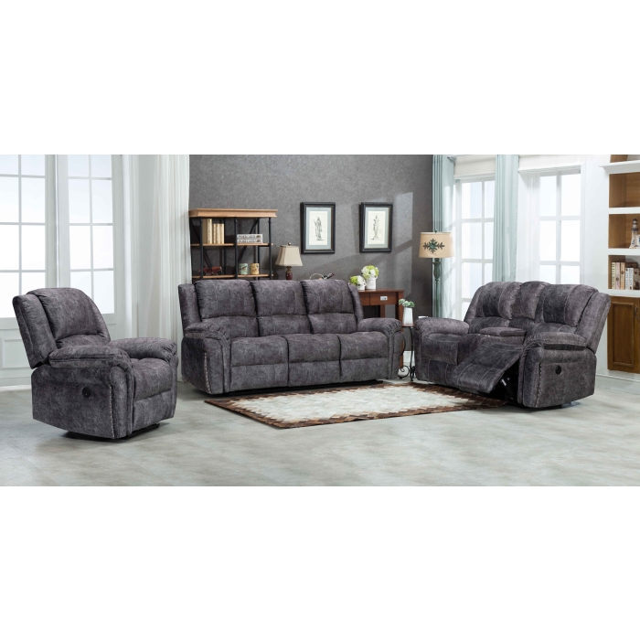 8017-3PC 3PC GRAY Velvet Power USB Recliners w/ Stitching Sofa SET
