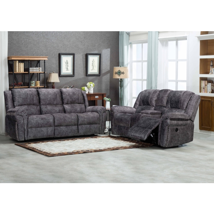 8017-2PC 2PC GRAY Velvet Power USB Recliners w/ Stitching Sofa SET