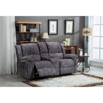8017-LOVE GRAY Velvet Power USB Recliners Loveseat w/ Stitching Design