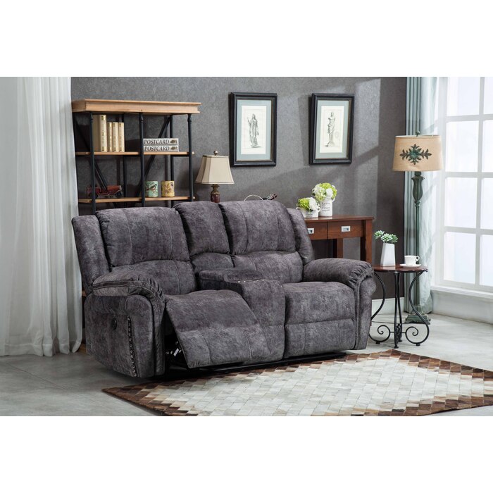 8017-LOVE GRAY Velvet Power USB Recliners Loveseat w/ Stitching Design