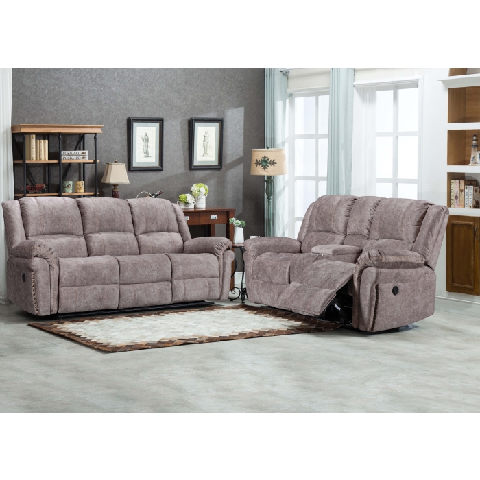 8016-2PC 2PC BROWN Velvet Power USB Recliners w/ Stitching Sofa SET