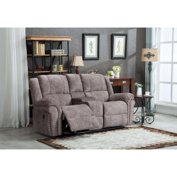 8016-LOVE BROWN Velvet Power USB Recliners Loveseat w/ Stitching Design
