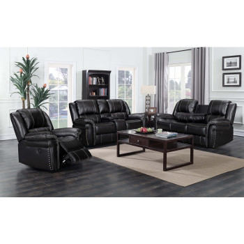 8014-3PC 3PC BLACK Air Leather Power USB Recliners w/ Stitching Sofa SET