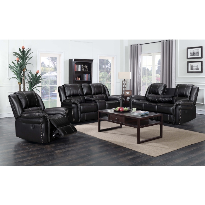 8014-3PC 3PC BLACK Air Leather Power USB Recliners w/ Stitching Sofa SET