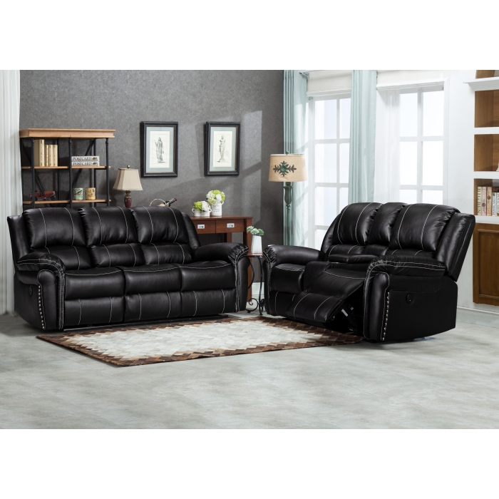 8014-2PC 2PC BLACK Air Leather Power USB Recliners w/ Stitching Sofa SET