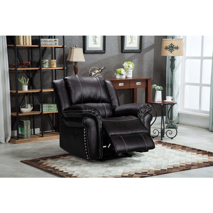 8014-RECL BLACK Air Leather Power USB Recliner Chair w/ Stitching Design