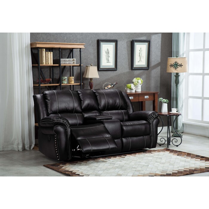 8014-LOVE BLACK Air Leather Power USB Recliners Loveseat w/ Stitching Design